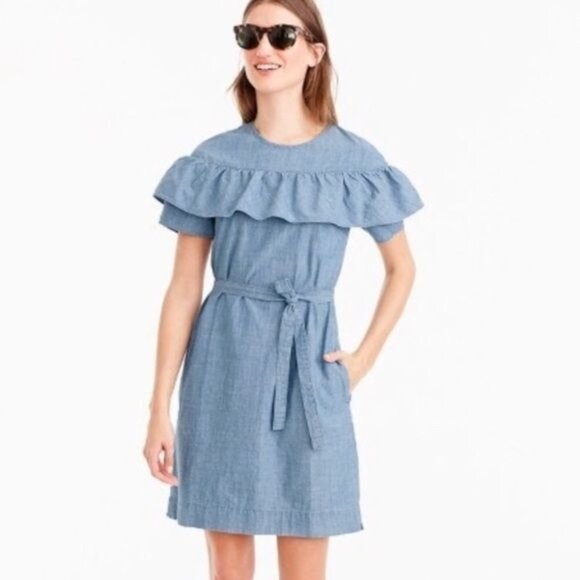 J Crew Chambray Dress Size 12 Ruffle Short Sleeve Tie Waist Blue Cotton Modern - Picture 1 of 11